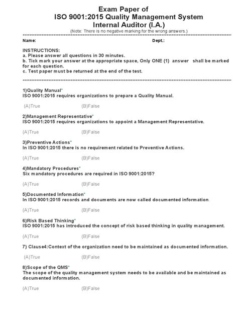 Exam Paper of ISO 9001.